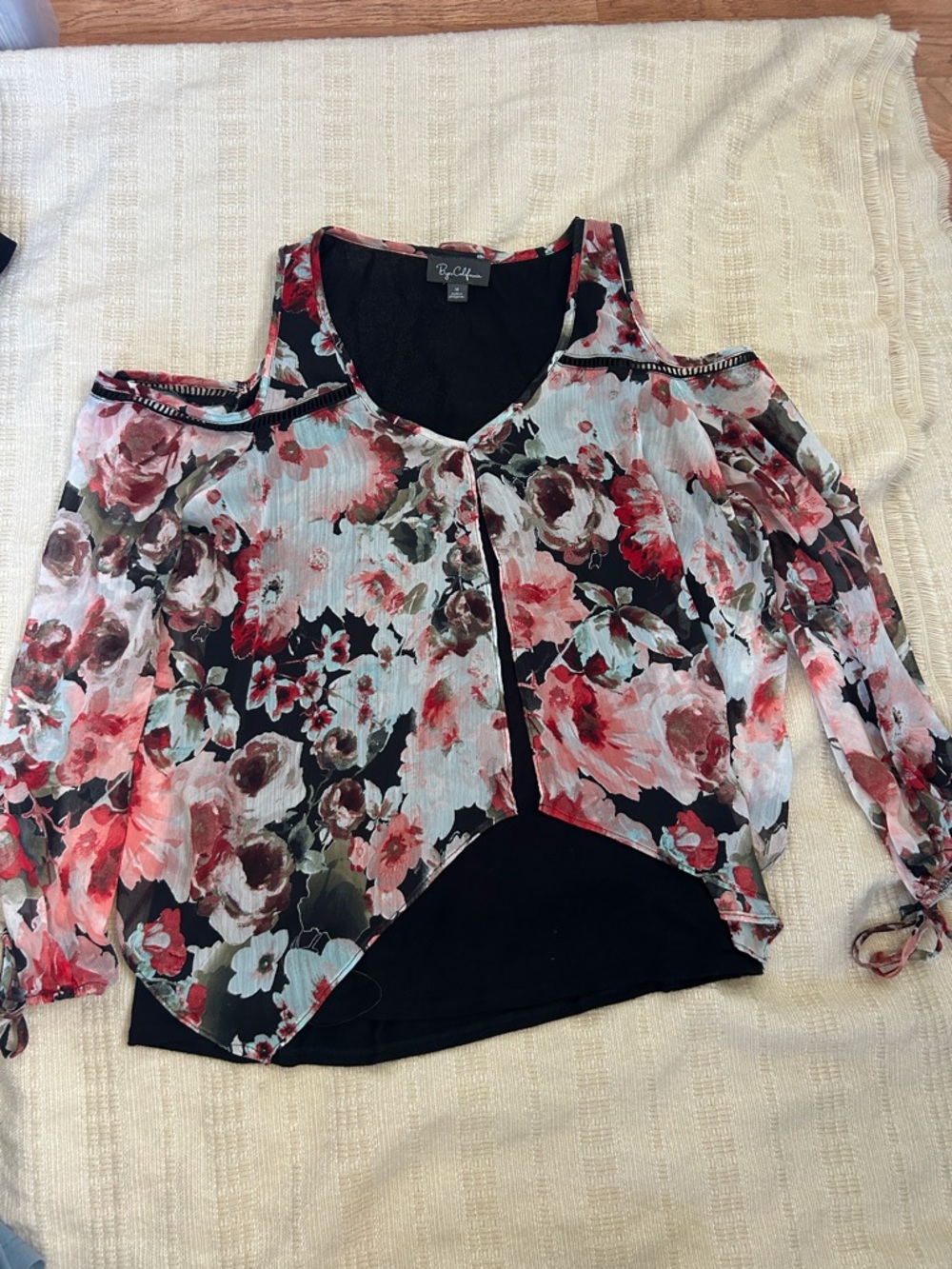 BeBop Black Floral Cold-Shoulder Layered Blouse with Pink & Coral Flowers